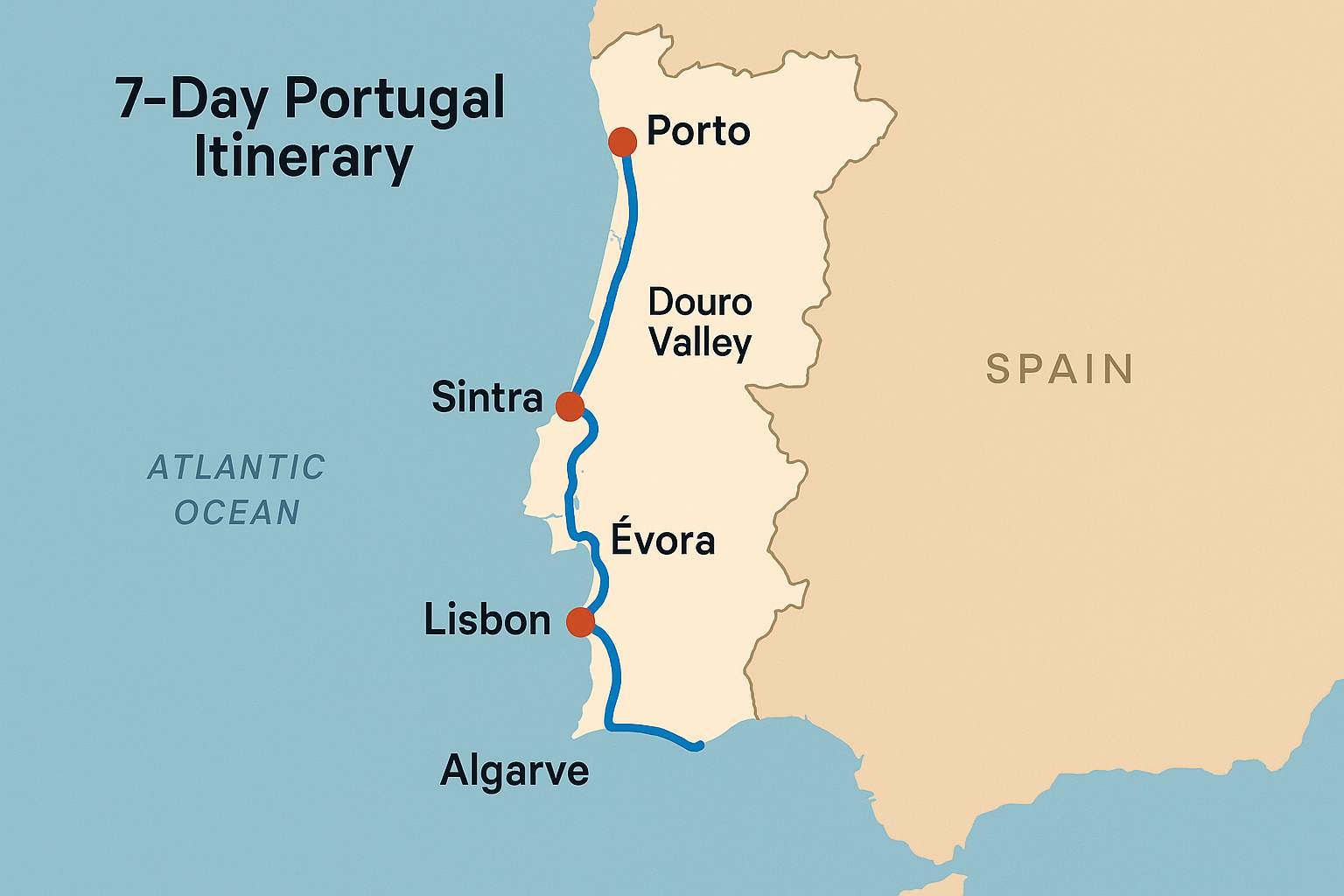 7-day Portugal itinerary: Lisbon → Sintra → Évora → Algarve → Algarve to Porto via Douro Valley